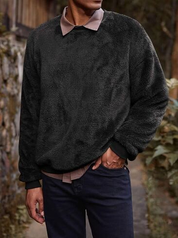 Mens Fuzzy Sherpa Sweatshirt Long Sleeve Fluffy Crew Neck Pullover Cozy Basic Unisex Fall Winter Warm Tops in Saudi Arabia
