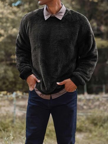 Mens Fuzzy Sherpa Sweatshirt Long Sleeve Fluffy Crew Neck Pullover Cozy Basic Unisex Fall Winter Warm Tops in Saudi Arabia