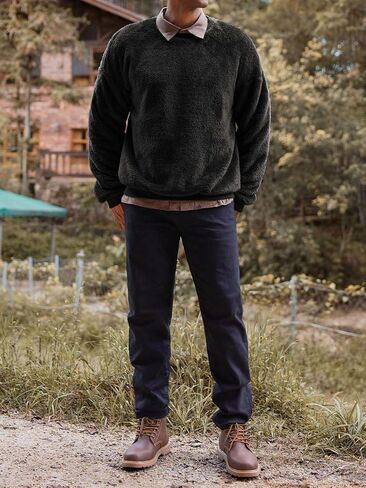 Mens Fuzzy Sherpa Sweatshirt Long Sleeve Fluffy Crew Neck Pullover Cozy Basic Unisex Fall Winter Warm Tops in Saudi Arabia