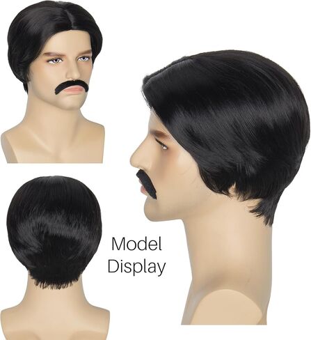 Miss U Hair Short Wavy Brown 70's Wigs for Men with Glasses Fake Teeth Halloween Party Wig Set in Kuwait