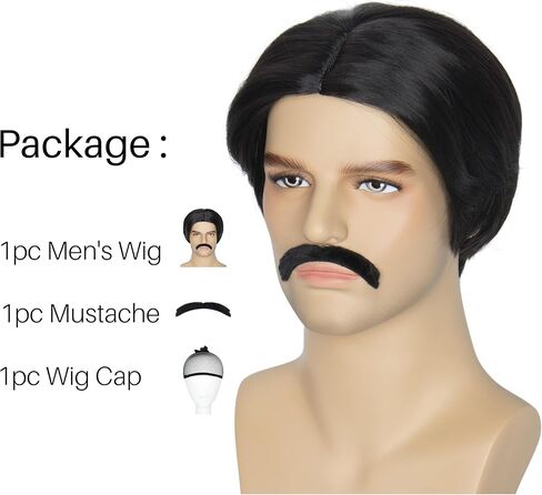 Miss U Hair Short Wavy Brown 70's Wigs for Men with Glasses Fake Teeth Halloween Party Wig Set in Kuwait