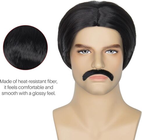 Miss U Hair Short Wavy Brown 70's Wigs for Men with Glasses Fake Teeth Halloween Party Wig Set in Kuwait