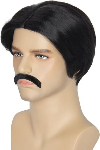 Miss U Hair Short Wavy Brown 70's Wigs for Men with Glasses Fake Teeth Halloween Party Wig Set in Kuwait