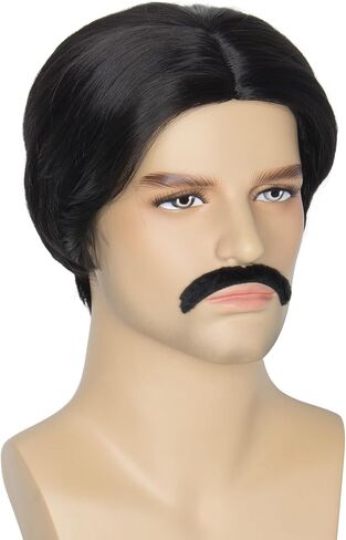 Miss U Hair Short Wavy Brown 70's Wigs for Men with Glasses Fake Teeth Halloween Party Wig Set in Kuwait