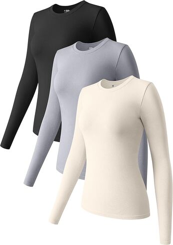 OQQ Womens 3 Piece Long Sleeve Tops Crew Neck Stretch Fitted Underscrubs Layer Tee Shirts Tops in Kuwait