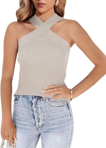 Womens Criss Cross Halter Sweater Vest Tops Summer Sleeveless Pullover Casual Lightweight V Neck Knit Tank Top in Kuwait