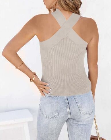 Womens Criss Cross Halter Sweater Vest Tops Summer Sleeveless Pullover Casual Lightweight V Neck Knit Tank Top in Kuwait