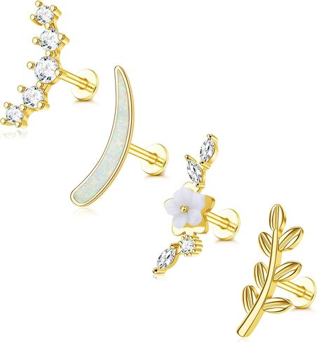 MJust G23 Titanium Cartilage Earrings for Women 16G Pure Titanium Flat Back Stud for Sensitive Ear Cartilage Opal CZ Stud Earrings Internally Threaded Conch Helix Tragus Piercing Jewelry in Kuwait