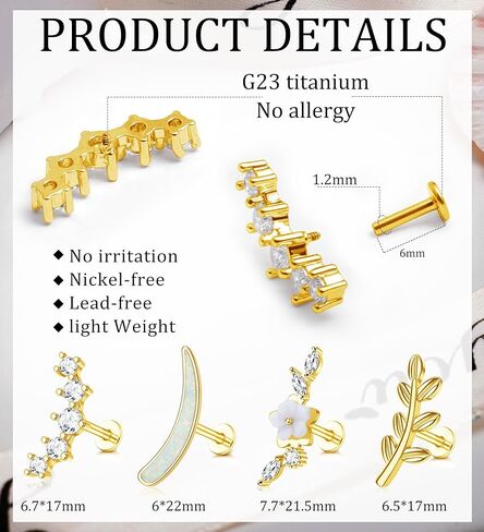 MJust G23 Titanium Cartilage Earrings for Women 16G Pure Titanium Flat Back Stud for Sensitive Ear Cartilage Opal CZ Stud Earrings Internally Threaded Conch Helix Tragus Piercing Jewelry in Kuwait