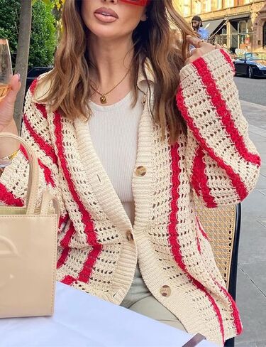 Gihuo Women' s Y2K 2 Piece Knit Outfits Striped Sweater Shorts Set Hollow Out Crochet in Kuwait