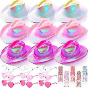 23 Pcs Cowboy Holographic Rave Hat Cowgirl Men's Cowboy Hats Costume Heart Shape Rimless Sunglasses Stars Glitter Confetti (9 Colors, Novel Style)