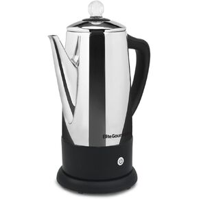 Elite Gourmet EC140 Electric 6-Cup Coffee Percolator with Keep Warm, Clear Brew Progress Knob Cool-Touch Handle Cord-less Serve, Stainless Steel