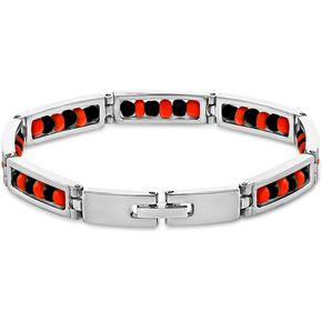 In Season Jewelry Stainless Steel Link Wristband Evil Eye Protection Beaded Elegua Bracelet 8" - Red and Black Beaded Elegua Bracelet for Adult Men and Women - Everyday Protection Gift