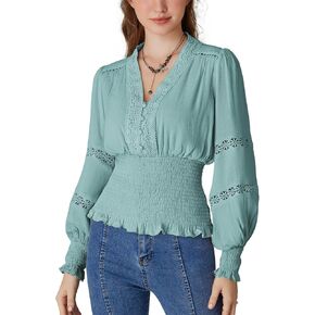 Scarlet Darkness Women's Renaissance Peasant Blouse V Neck Lantern Sleeve Lace Smocked Tops in Kuwait