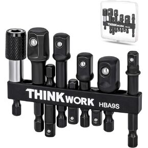THINKWORK Impact Socket Adapter Set, 1/4" 3/8" 1/2" Drill Socket Adapter, 1/4" Hex Shank Impact Driver Socket Adapter for Cordless Drill, Impact Driver, Power Drill, Impact Drill, 9-Piece