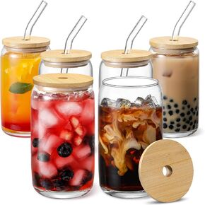[ 12pcs Set ] Glass Cups with Bamboo Lids and Glass Straw - Beer Can Shaped 16 oz Iced Coffee Drinking Glasses, Cute Tumbler Cup for Smoothie, Boba Tea, Whiskey, Water - 4 Cleaning Brushes