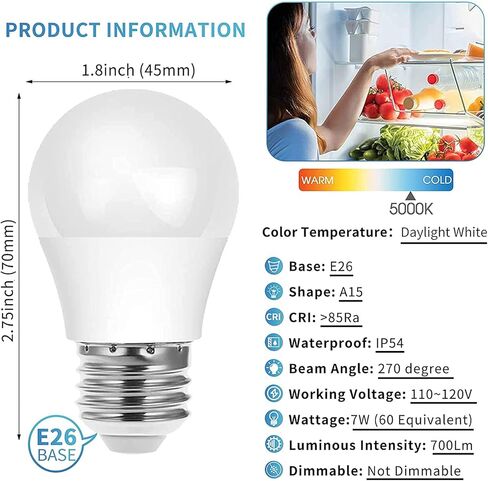 KINDEEP 7W Refrigerator Light Bulb, A15 LED Bulb, 60 Watt Equivalent, Daylight White 5000K, 700LM, Waterproof Appliance Fridge Light Bulb, Ceiling Fan, Non-Dimmable, E26 Medium Base, 2 Pack in Kuwait