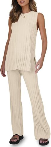 Tankaneo Two Pieces Outfits Sleeveless Top Knit Sets Trendy Lounge Long Pajamas Set in Kuwait
