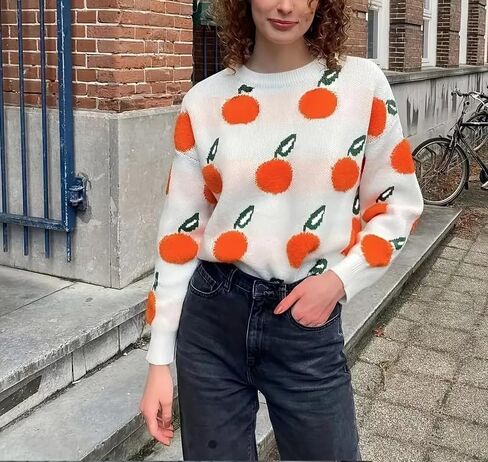 Womens Knitted Orange Sweater Casual Loose Long Sleeve Pullover Sweater Tops in Kuwait