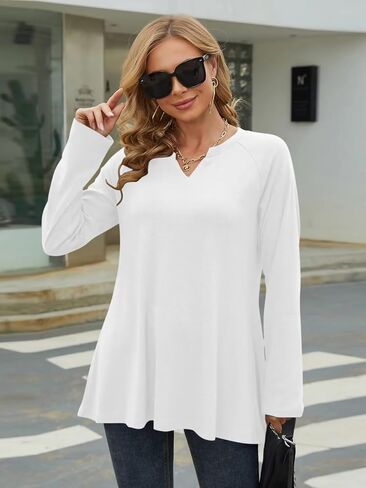 ORANDESIGNE Womens V Neck Sweatshirt Solid Color Long Fit Pullover Shirts Loose Long Sleeve Tunic Tops in Saudi Arabia