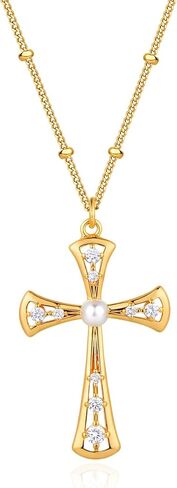 MEVECCO Gold Cross Necklace 18K Gold Plated Cubic Zircon Cross Pendent Necklace Handmade Simple Dainty Chain Necklace Everyday Jewelry in Kuwait