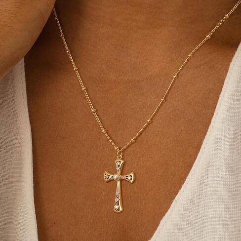 MEVECCO Gold Cross Necklace 18K Gold Plated Cubic Zircon Cross Pendent Necklace Handmade Simple Dainty Chain Necklace Everyday Jewelry in Kuwait