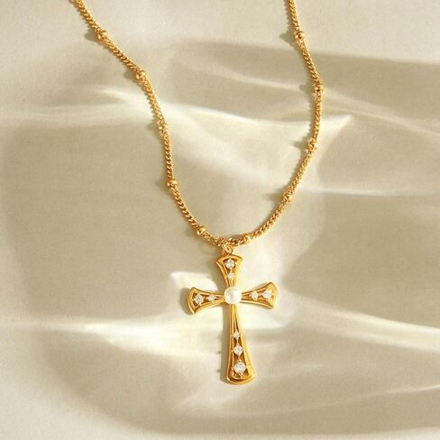 MEVECCO Gold Cross Necklace 18K Gold Plated Cubic Zircon Cross Pendent Necklace Handmade Simple Dainty Chain Necklace Everyday Jewelry in Kuwait