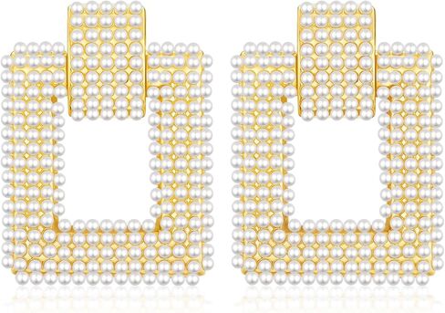 Pearl Drop Earrings for Women 18K Plated Real Gold S925 Sterling Silver Posts Cluster Pearl Dangle Chunky Earring Statement Geometric Earrings in Kuwait