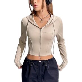 GORGLITTER Women's Zip Up Crop Jacket Coat Long Sleeve Drawstring Ribbed Knit Hooded Outwear Tops