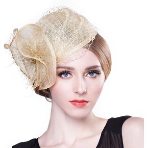 Woman Sinamay Fascinator Hat Pillbox Derby Hats Linen Feather with Veil Vintage Bridal Wedding Tea Party Cap
