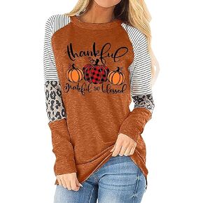 Thankful Greatful Blessed Pumpkin Thanksgiving Shirt for Women Plaid Leopard Pumpkin Tops Raglan Baseball Tshirt