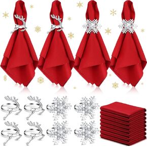 16 PCS Christmas Napkins and Ring Set 8 PCS Red Washable Christmas Napkins Cloth and 8 PCS Christmas Napkin Rings Holder for Christmas Holiday Dinner Party Table Decoration (Xmas Tree, Elk, Stocking)