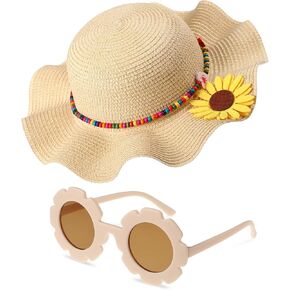 Summer Straw Hat for Girls Large Brim Sunflower Beach Hat Cute Flower Sun Hat with Flower Round Sunglasses (Rose Red, Pink)
