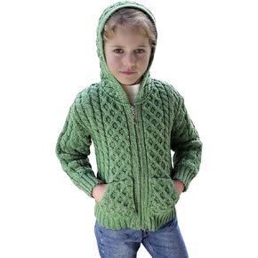 Aran Crafts Kid's Irish Cable Knitted Hooded Zip Cardigan (100% Merino Wool)