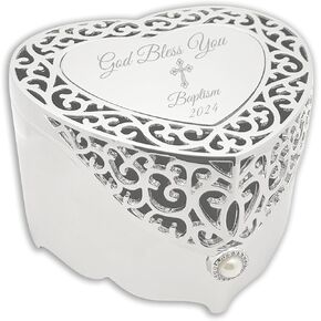 Cherished Moments Jewelry Keepsake Box with Heart-Shaped Filigree Design and Engraved Cross for Baptism Gift for Girls, Silver Toned