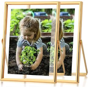 Fixwal Floating Picture Frame Set of 2, 8 x 10 Tempered Glass Frame, for Tabletop Display, Gold Metal Display Frame, for Multi Size Photos including 6 x 8,5 x 7