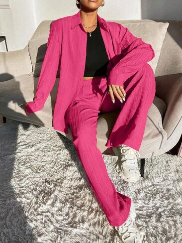 Ekouaer Lounge Set for Women 2 Piece Outfits Button Down Long Sleeve Pajamas Loungewear with Pockets S-XXL in Saudi Arabia