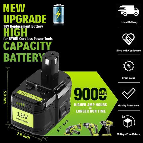 بطارية Jialitt 6.0Ah 18V P108 بديلة ليثيوم أيون متوافقة مع بطارية Ryobi 18V Ryobi ONE+ P108 P102 P103 P104 P105 P107 P109 P122 بطارية أدوات الطاقة اللاسلكية مع مؤشر LED in Saudi Arabia