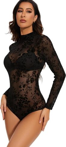 Ysabeloom Women's Sheer Mesh Long Sleeve Bodysuit Tops See Through Jumpsuit Leotard Clubwear in Kuwait