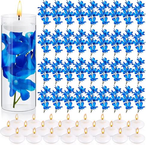 42 Pcs Blue Orchids Artificial Flower Vase Fillers for Floating Candles Wedding Table Centerpiece Blue Orchid and Unscented Floating Candles for Wedding Party Table Home Decoration in Kuwait