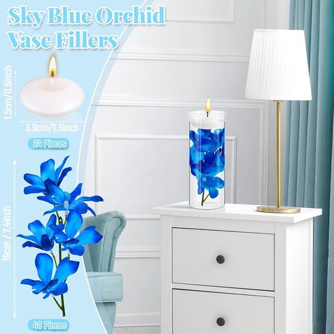 42 Pcs Blue Orchids Artificial Flower Vase Fillers for Floating Candles Wedding Table Centerpiece Blue Orchid and Unscented Floating Candles for Wedding Party Table Home Decoration in Kuwait