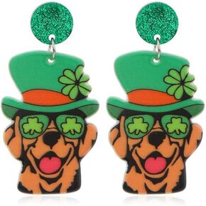 Pingyongchang St. Patrick's Day Earrings Cute Cartoon Animal Irish Shamrock Acrylic Earrings Handmade Green Clover Cat Dog Dangle Drop Earrings for Women Girls Holiday Good Lucky Jewelry Gift
