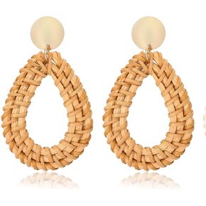 Weave Straw Double Disc Drop Earrings Boho Rattan Dangle Statement Earrings