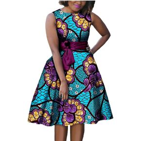African Dresses for Women Ankara Print Sleeveless A-line Dress with Belt Dashiki Casual Party Wedding