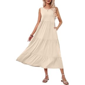 Halife Women's Summer Casual Sleeveless Swing Sundress Boho Flowy Ruffle Tiered Maxi Dress with Pockets