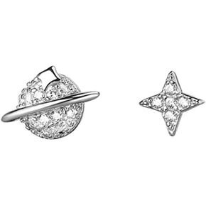 Asymmetrical CZ Planet Stud Earrings for Women Girls 925 Sterling Silver Tiny Cute Moon Star Studs Cartilage Tragus Post Pin Nickel Free Earring Fashion Cute Friendship Jewelry Dainty Gifts