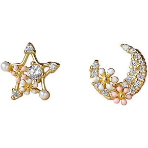 Dainty Moon Star Tiny Stud Earrings for Women Teen Girls Cartilage 925 Sterling Silver Crystal CZ Enamel Flower Faux Pearl Crescent Moon Lucky Stars Small Studs Earring Cute Christmas Jewelry Gifts Hypoallergenic