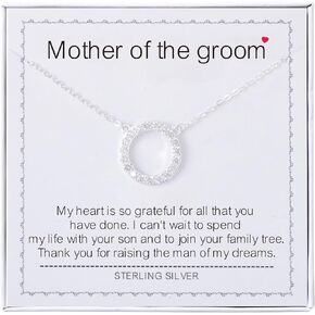 AmpleLove Mother of the Groom Necklace - Sterling Silver Simple Circle Necklace Bezel Pendant Sparkly Cubic Zirconia Halo Necklaces for Women Girls