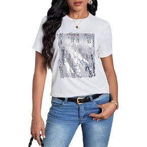SOLY HUX Women's Contrast Sequin T Shirt Round Neck Short Sleeve Casual Tee Tops