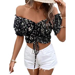 SOLY HUX Women's Boho Floral Print Crop Top Off Shoulder Short Sleeve Drawstring Front Blouse